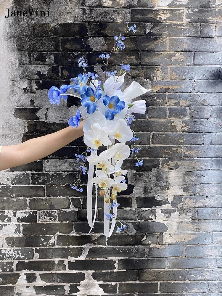 JaneVini Blue Flowers White Phalaenopsis Orchid Waterfall Bridal Bouquets For Wedding Cascading Bride Wedding Bouquet Mariage