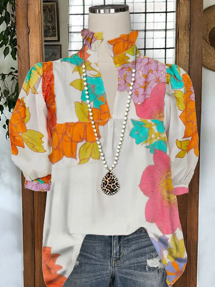 Puff Sleeve Floral Print Pleated V-neck Top Smocked Ruffled Jacquard Blouse
