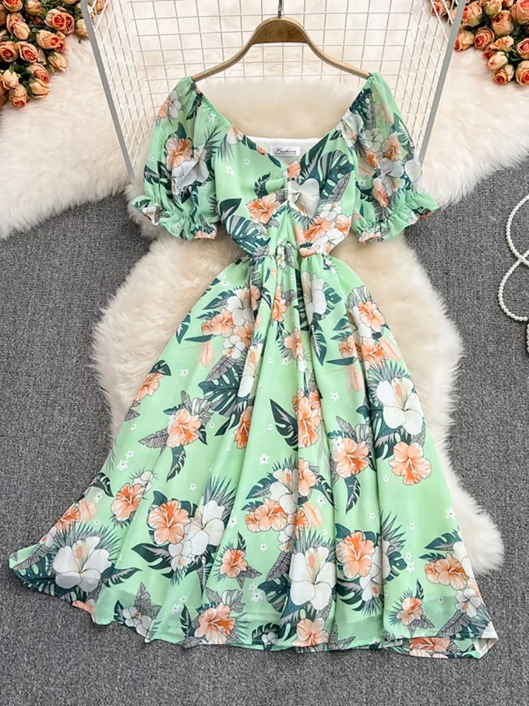 

Summer New Women Sexy Floral Chiffon Dress Female Elegant V-Neck Short Sleeve High Waist A-Line Beach Vestidos