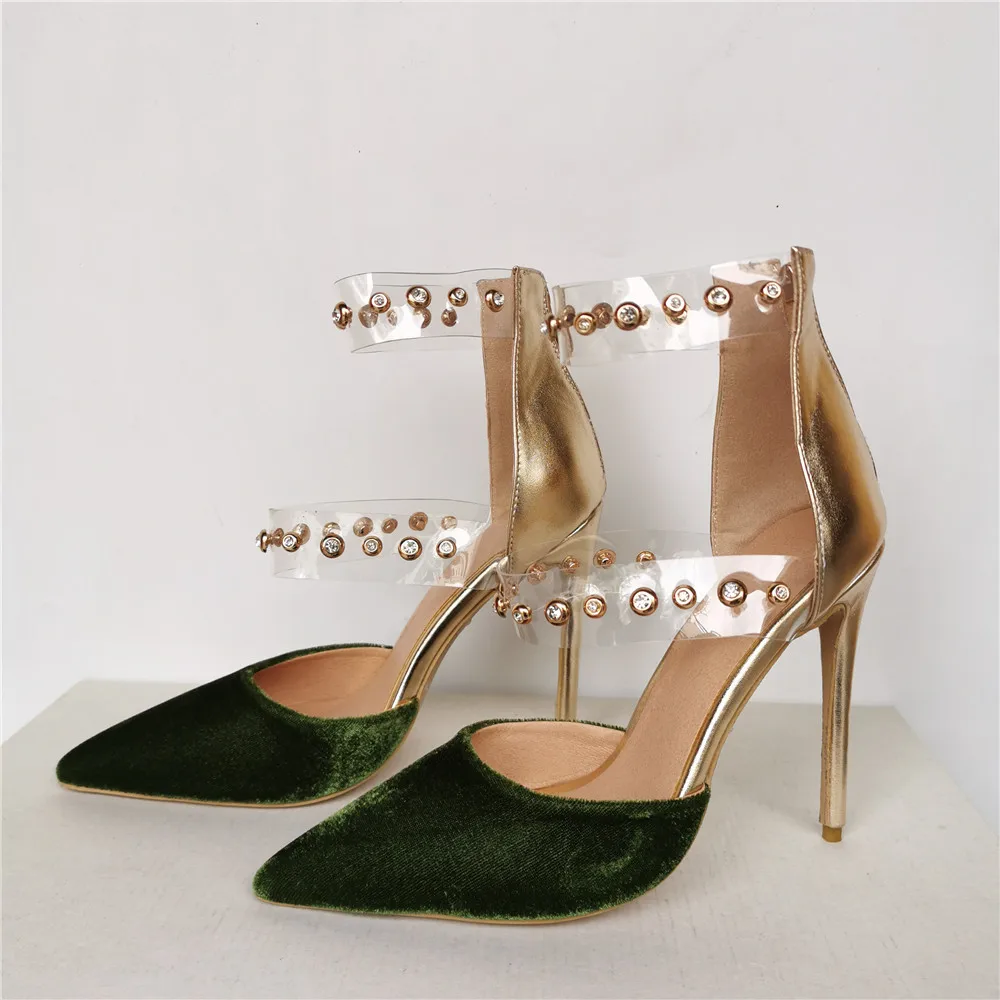 

Sexy Rivets Crystal Simple Pumps Women Pointed Toe Mixed Color Summer Sandals Ladies Back Zipper Cover High Heels Dress Shoes