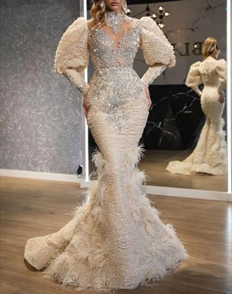 

New Women's Dress V-Neck Feather Princess Dress Sprinkled Gold Long Mesh Evening Party Wedding Dress