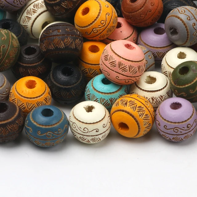 Cuentas de madera Natural para fabricación de joyas, abalorios de colores  sueltos de 10mm, patrón decorativo tallado, bolas redondas, accesorio de  bricolaje - AliExpress