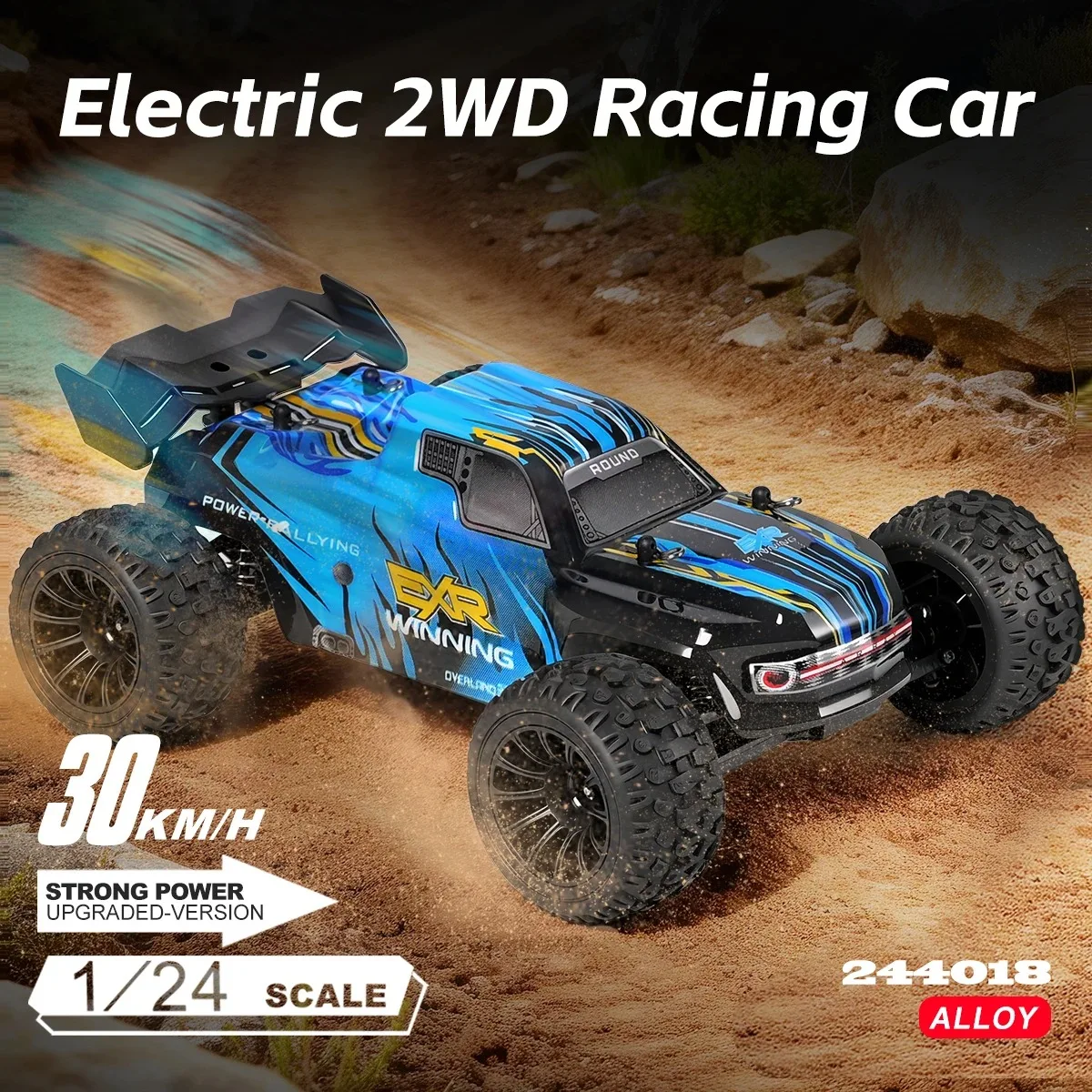 Voiture RC 4WD bleue en action, soulevant de la poussière sur un chemin de terre, idéale pour les courses hors route.