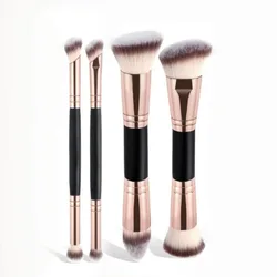 Dual - Ended Makeup Brush Set with Travel Case - 4 Piece Essentials for Foundation, Powder, Blush & Eyeshadow (Gold)