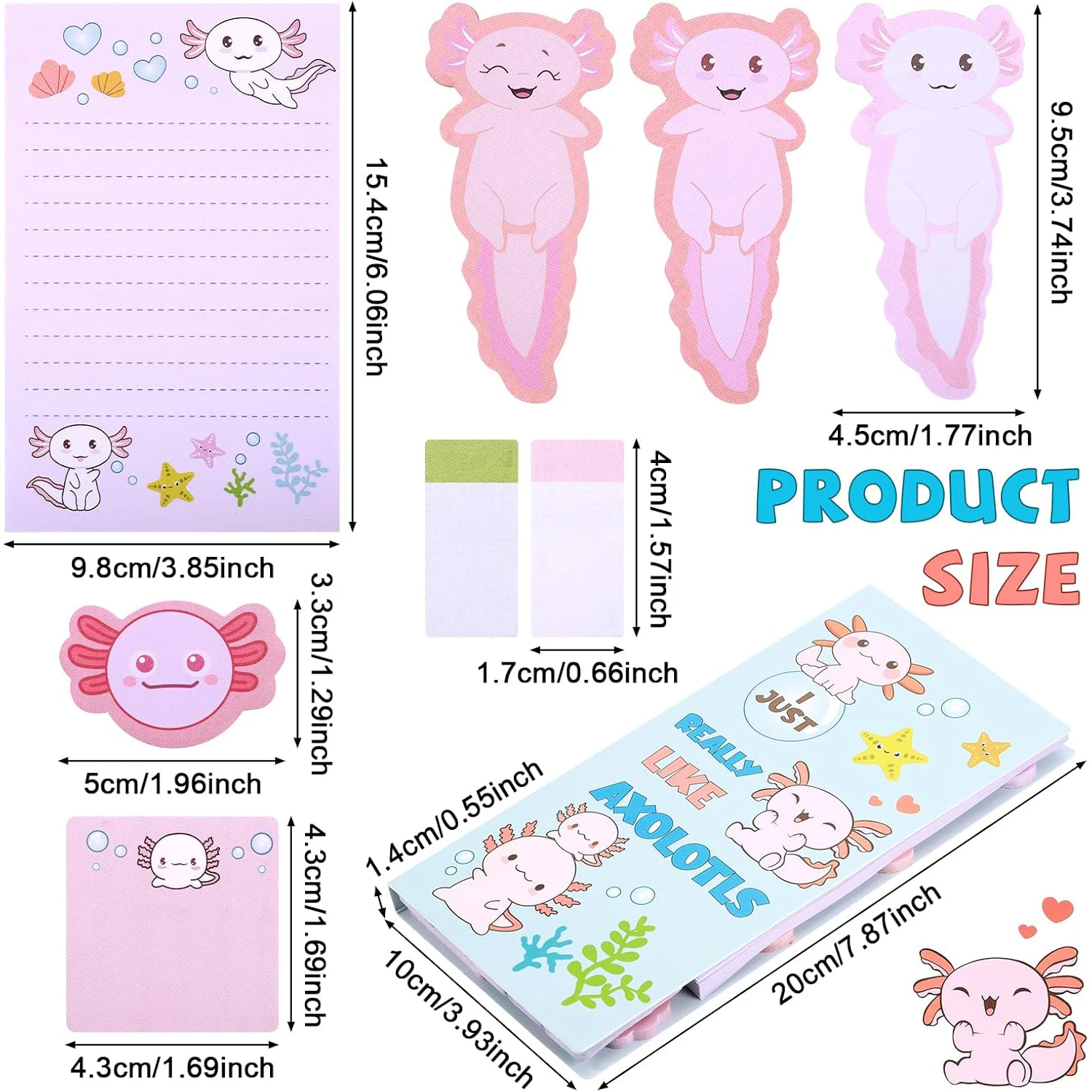 1 set Axolotl Sticky Notes, Cute Cartoon Pink Memo Set, Girl's Party Favor, School Supplies for Students 2