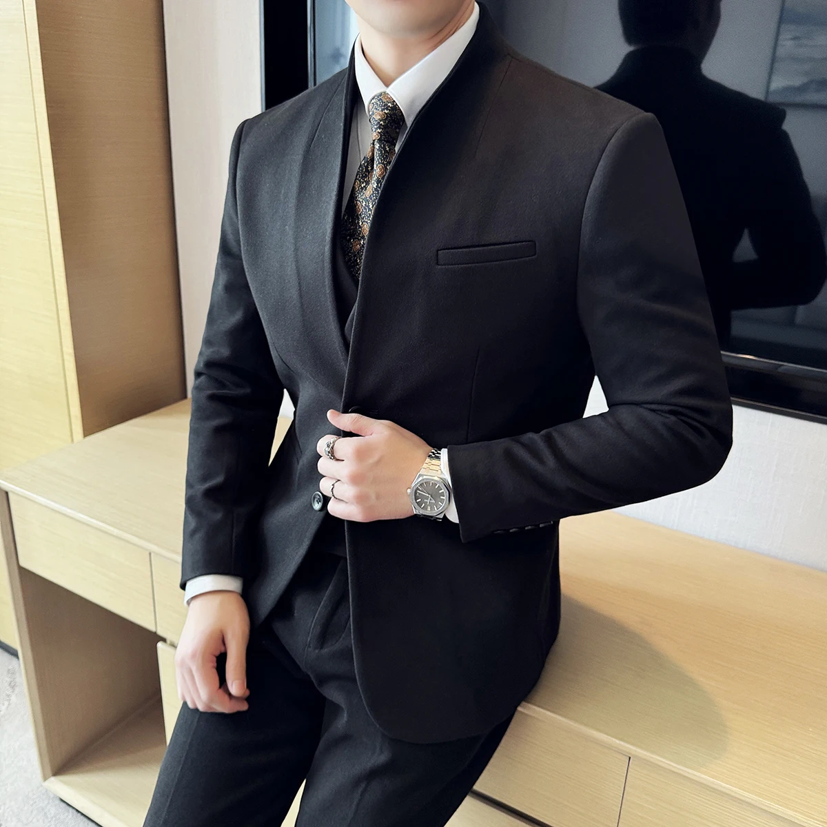 Chinese Stand-up Collar Woolen Suit Autumn Winter Men's Business Casual Groom Wedding Slim Fit Tuxedo ( Jacket+Pants ) Formal Suit Business Men Clothing