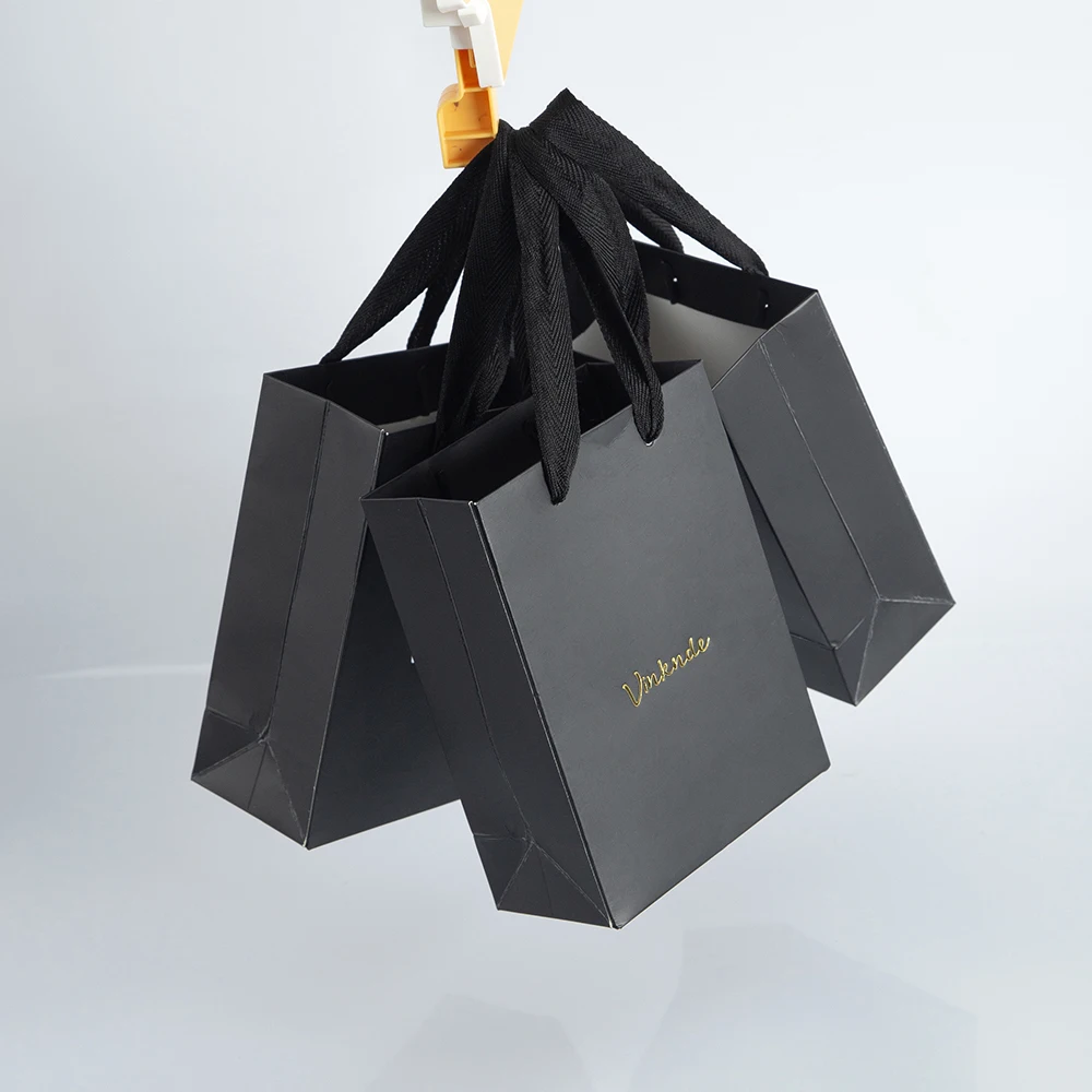 50pcs Bulk Black Paper Bags With Handles Custom Logo Art Paper Bag Fashion Shopping Bag Luxury Boutique Tote Bag With Ribbon