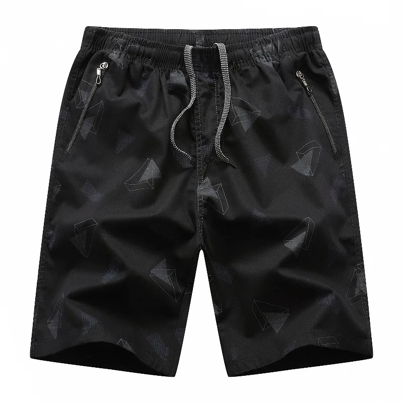 Summer Men's Geometric Zipper Bandage Printing Pockets with Elastic High Waisted Casual Loose Sports Trousers Office Lady Shorts