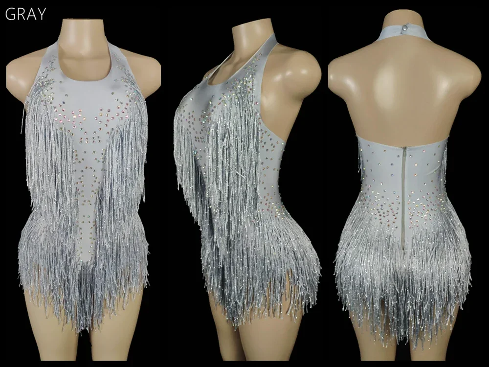 YOOJIA Fringed Dance Leotard With Rhinestones & Gloves - Sparkly Latin Dance Costume