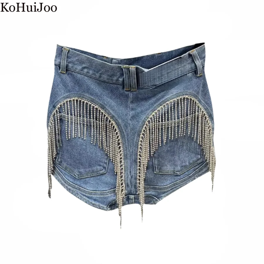 

Kohuijoo Fashion 2023 Summer High Waist Diamond Denim Shorts Women Heavy Tassels Street Trendy Jeans Shorts Light Blue