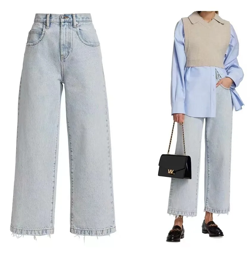 

137309 Fashion Classic Trendy Luxury Designer Cloth Women High Waisted Light Blue Straight Pants Wide Leg Pants Nine Point Jeans
