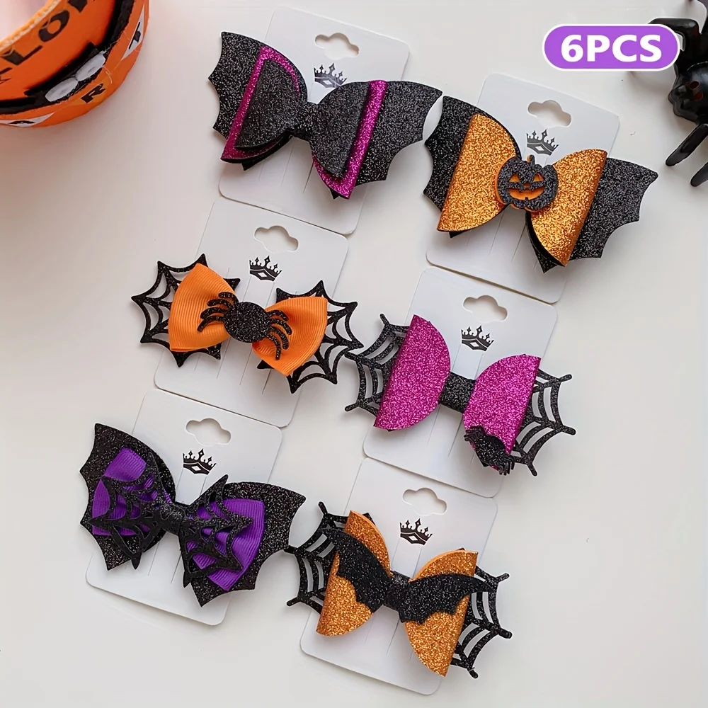 6 Pieces Halloween Elements Colorfulful Bow Pumpkin Hairpins Suitable for Girls