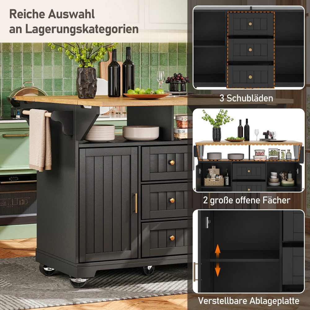 120 x 40 (80) x 95 cm Kücheninsel- und Buffetschrank – rollender doppelseitiger ausziehbarer Trolley, Türen + Schubladen, Handtuchhalter und Gewürzregal – Detail 21