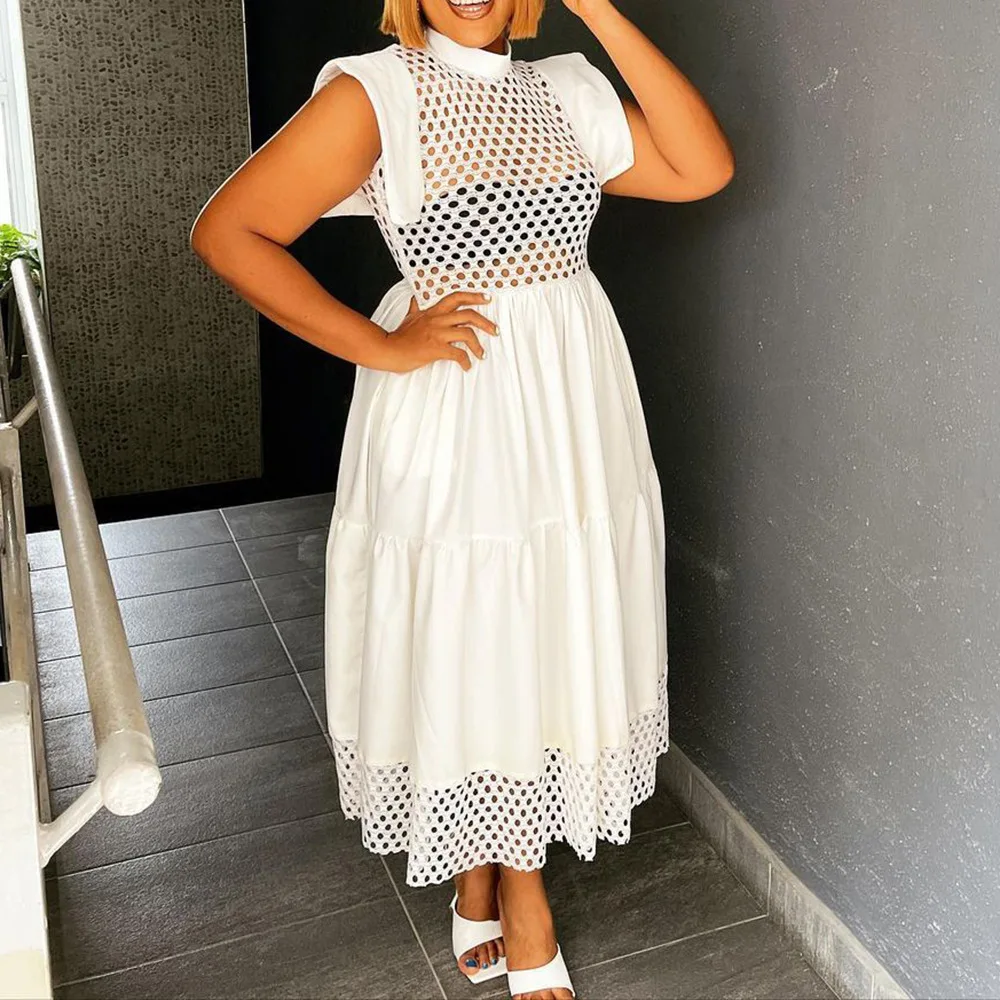 

Summer Women's Clothing Solid Color Flying Sleeves Hollow Stitching Round Neck Loose A-line Skirt Plus Size Long Dresses
