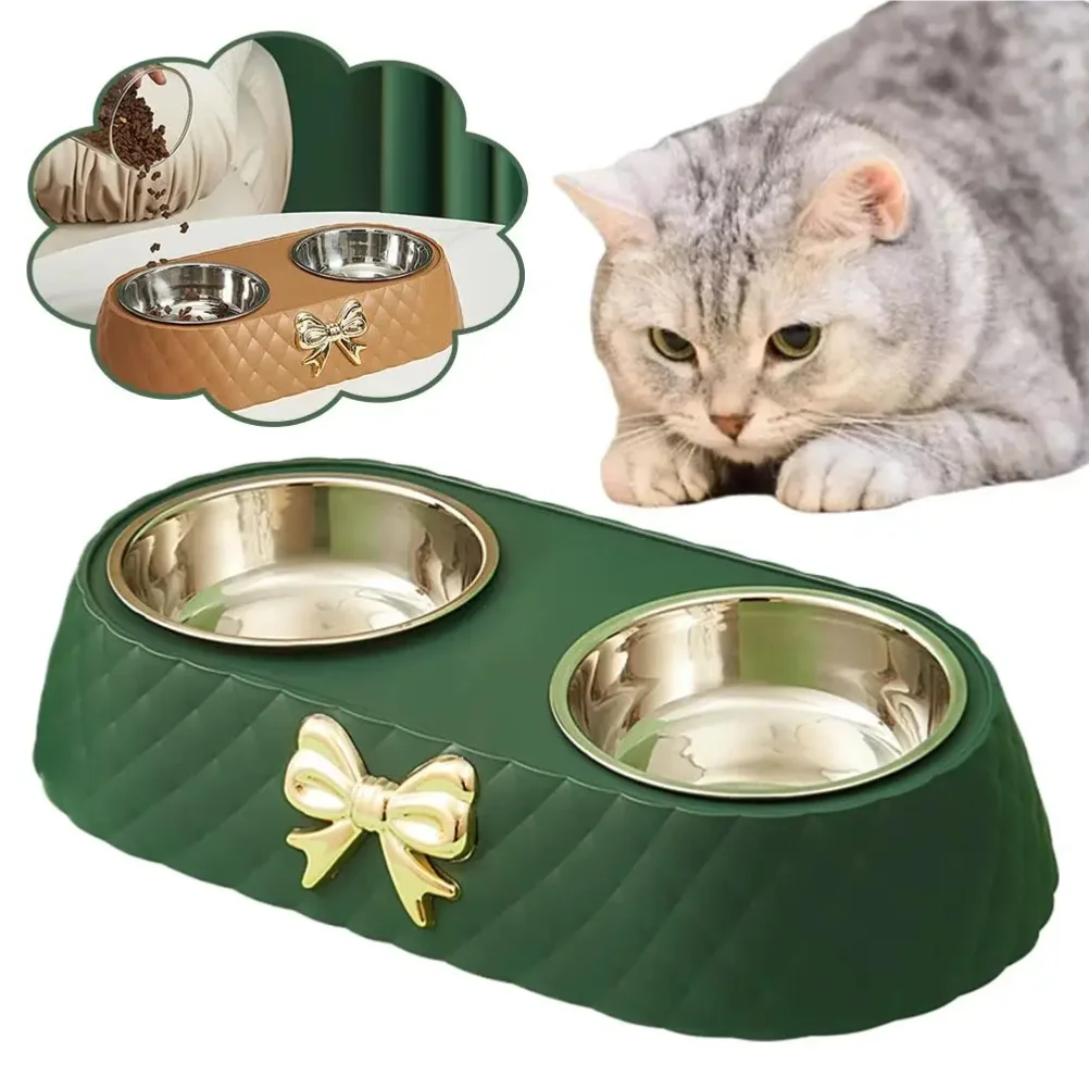 1Set Steel Double Dog Bowl Non-slip Bow Anti Spill Pet Bowl Sturdy Rust-resistant Pet Basin Feeder 3