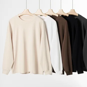 AOSSVIAO 2025 جديد كم طويل تي شيرت النساء الإناث 300 جرام عادية تيس سيدة الصلبة الأساسية أبيض أسود الكورية القمم 2