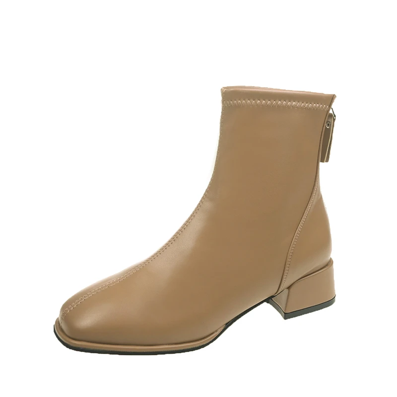 Women Beige High Heels Ankle Boot Winter Female Square Toe Chelsea Boots Short Boot Fashion Zip Women's Boots 2024 Autumn Winter