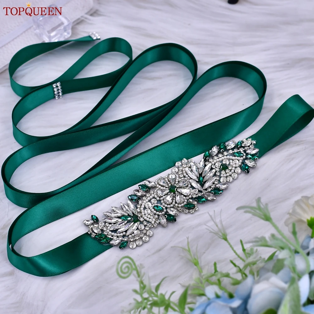 TOPQUEEN S22 Wedding Belt Green Diamond Belt Rhinestone Belt Luxury Designer Belts For Women Bridal Belts And Sashes Shiny Belt