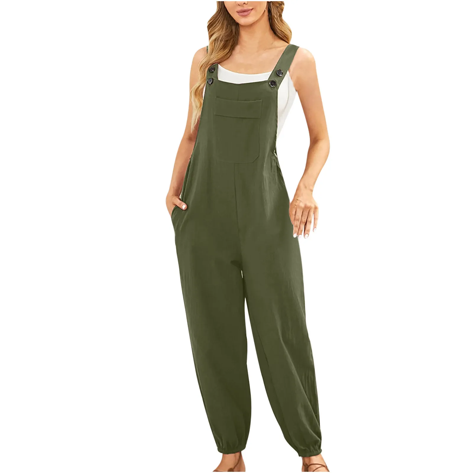 Cotton Linen Ladies Bib Pants Suspender Trouser Loose Casual Female Women One-Piece Romper Overalls Wide Leg Jumpsuit Streetwear 4