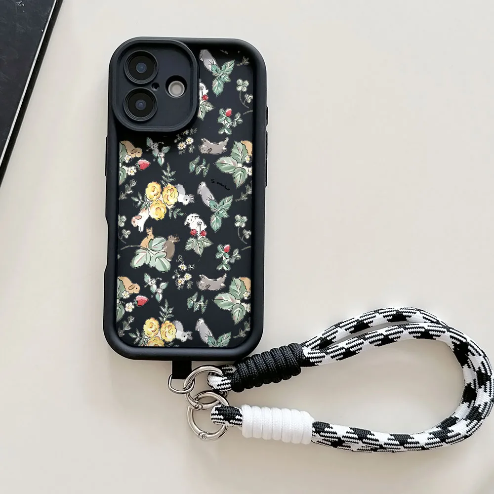 Floral Rabbit Phone Case with Wrist Chain Lanyard