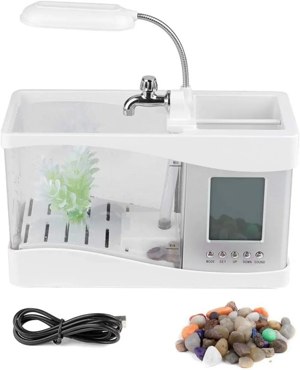Aquarium Mini Fish Tank with Water Running Pump, Calendar Clock Light, Pen Holder Function,Rechargeable Desktop