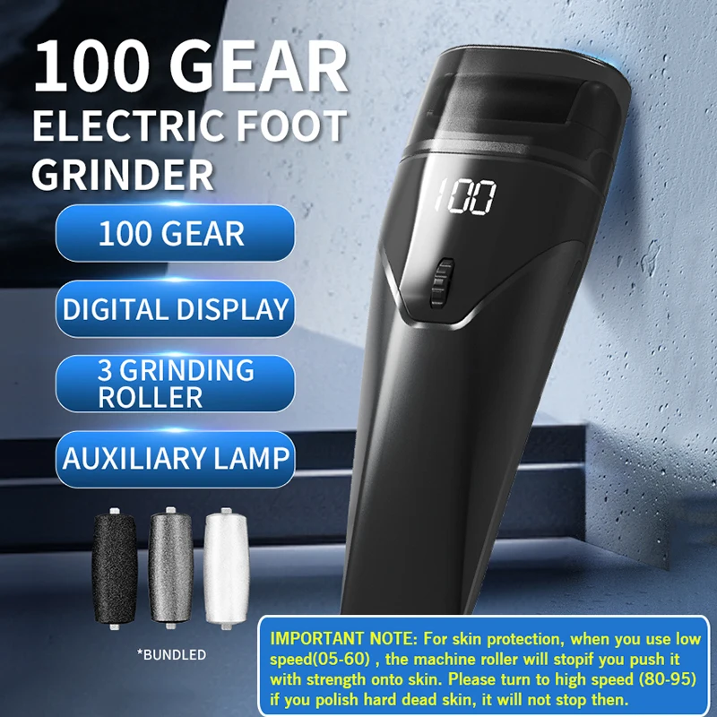 2025 Electric Foot Callus Remover, Rechargeable Heel Dead Skin Scrubber 100 Gears 3 Rollers Pedicure Machine Foot File Grinder