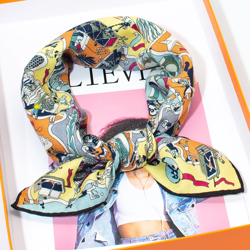 Women's 65cm Square Scarf 30% Silk 70% Wool Blend Whimsical Fantasy Print Soft Warm Breathable Luxury Fashion Accessory - 5