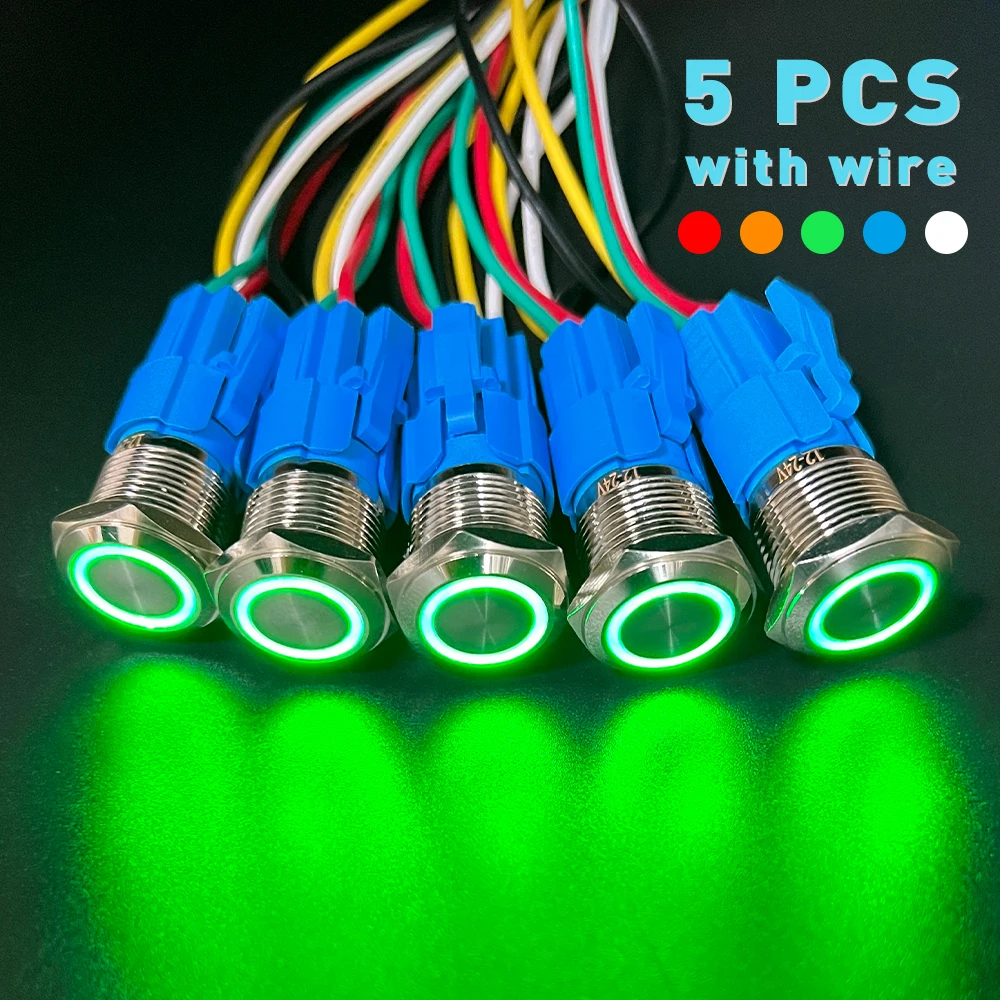 

12/16/19/22mm Waterproof Metal Push Button Switch LED Light Momentary Latching Car Engine Power Switch 12V 24V 220V ON OFF