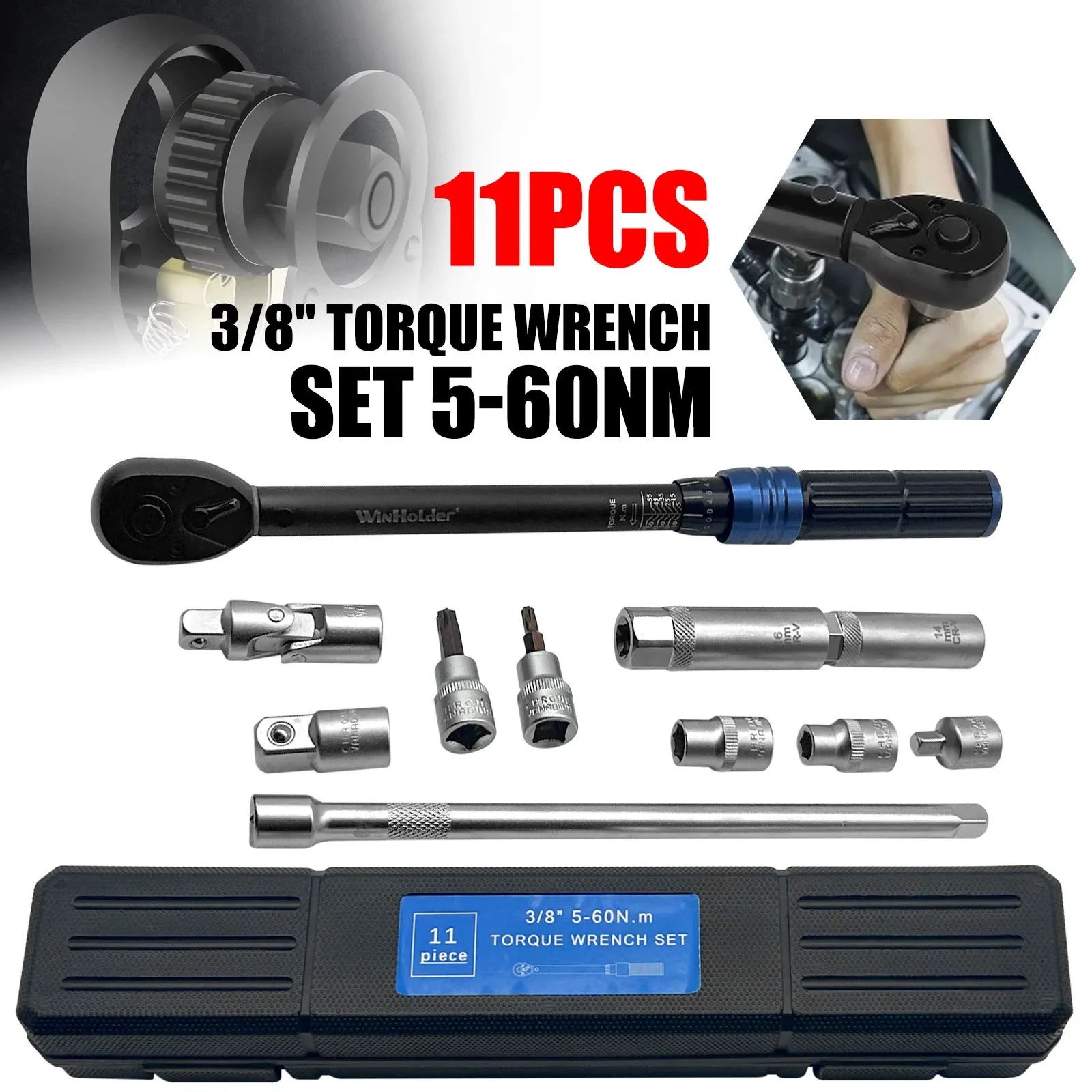 11Pcs 3/8" Ratchet Torque Wrench Square Drive 5-60Nm Extension Bar Set For Car and Motorcycle Maintenance Repair Tool Kits