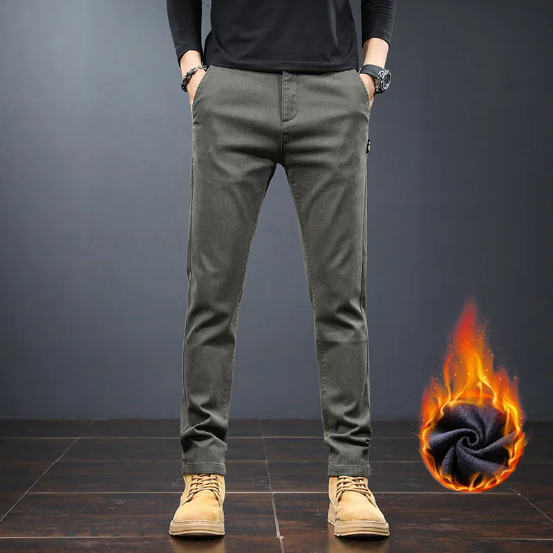 

BROWON Winter Clothes Men Fashion Business Casual Fleece Thickened Warm Men Pants Mid Staright Regular Fit Full Length Pants Men
