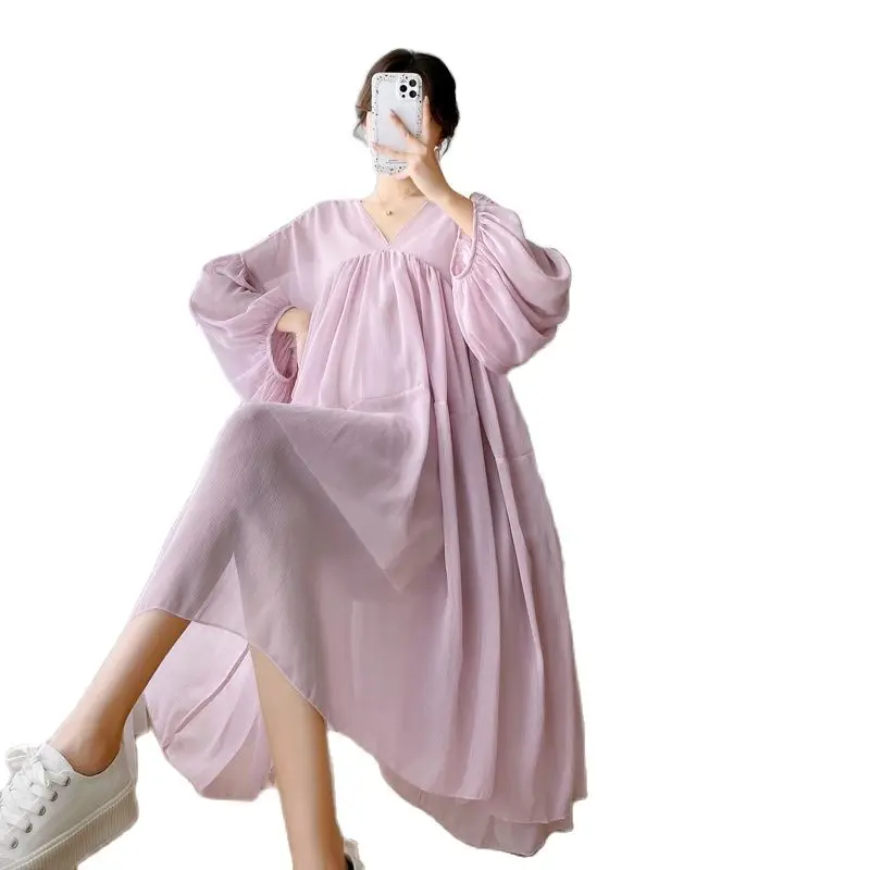 

Pregnant Women Dress Suits Plus Size Maternity Clothes Set Long Lantern Sleeve V-Neck Chiffon Dress with Strap Lining Twinset