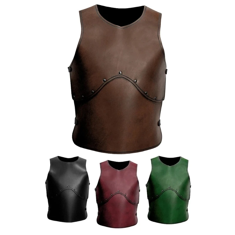 

634C Mens Leathers Medieval Punk Vest Halloween Cosplays Chest Archers Costume Adult