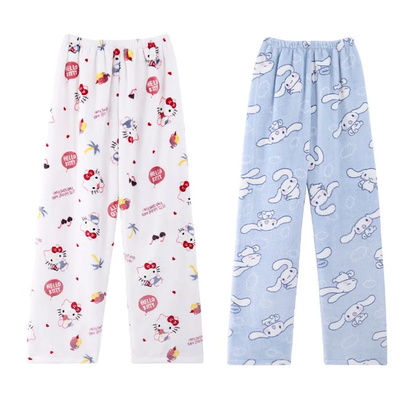 

Милые плюшевые пижамы Hellokittys коричного цвета, удобные универсальные, свободные ножки с эластичной талией, бархатные утепленные домашние пижамы