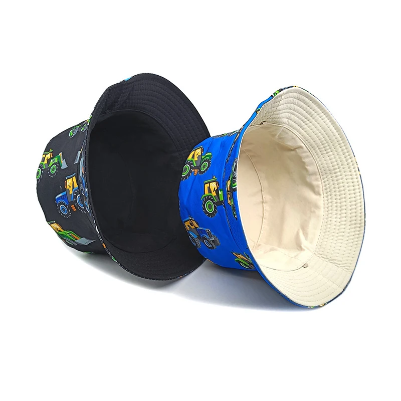 Outdoor Sun Hat Bocca Children Cartoon Bucket Hat Pattern Fisherman Hats Bulldozer Toy Panama Cap Boy Kids 54cm Double Sides Sunscreen