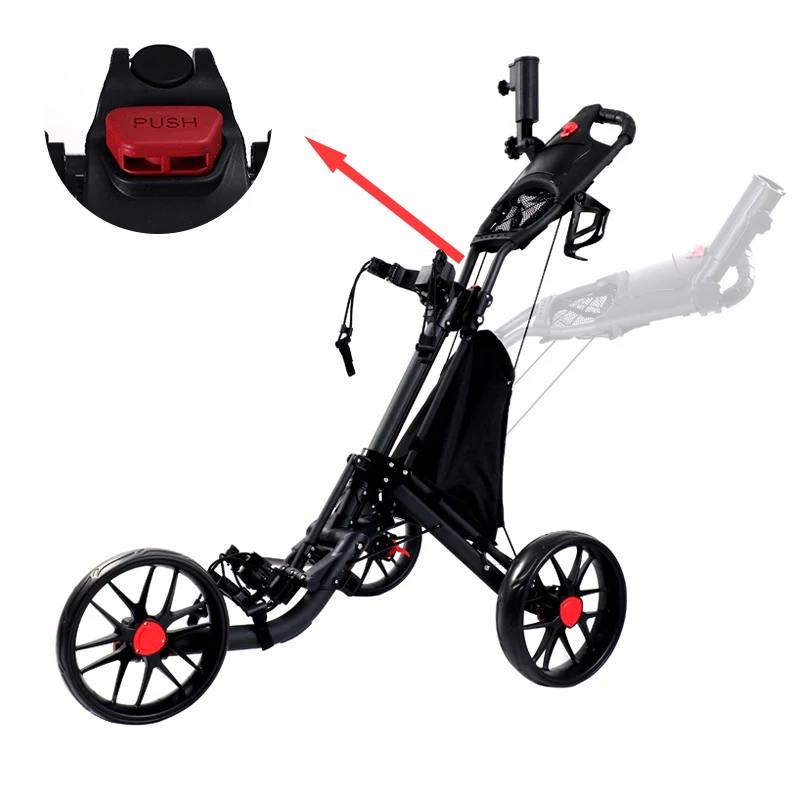 Folding Golf Trolley, 3-Wheel Pull Push Cart with Storage Bag Multi-Function Panel Umbrella Stand