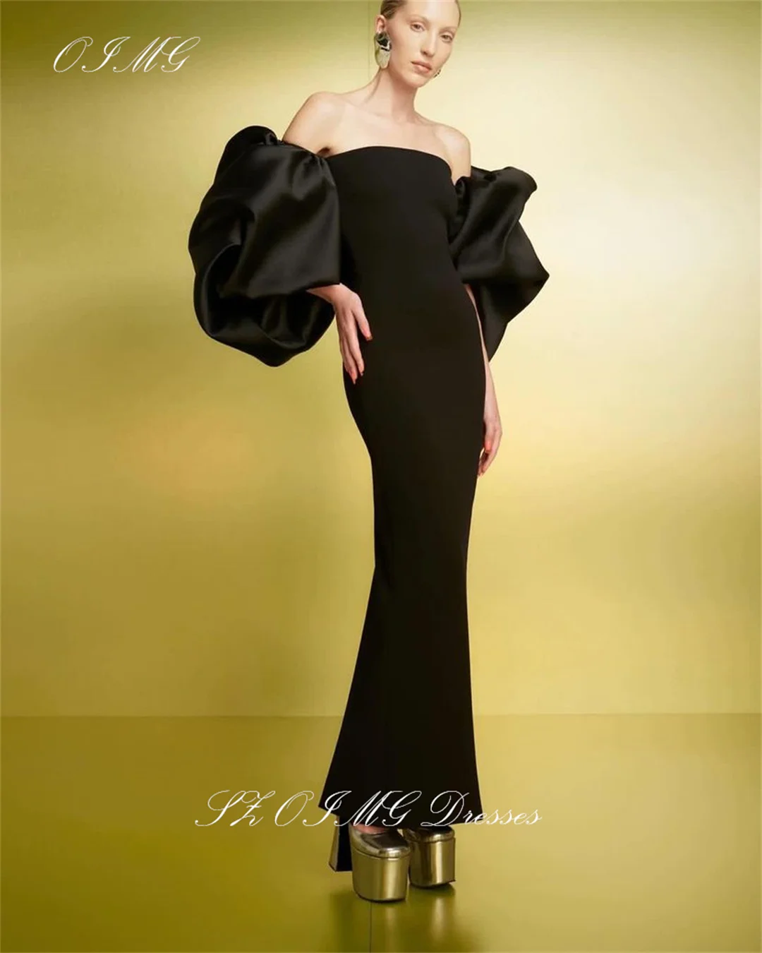 

OIMG Black Prom Dresses Saudi Arabic Women Puff Sleeves Satin Mermaid Evening Gowns with Cape Occasion Formal Party Dress