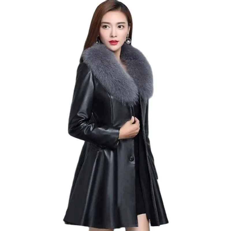 

Women Leather Jackets Autumn Winter Add Cotton Fur Collar Slim Soft PU Coats Lady Oversize S-7XL Leather Outerwear Windbreakers