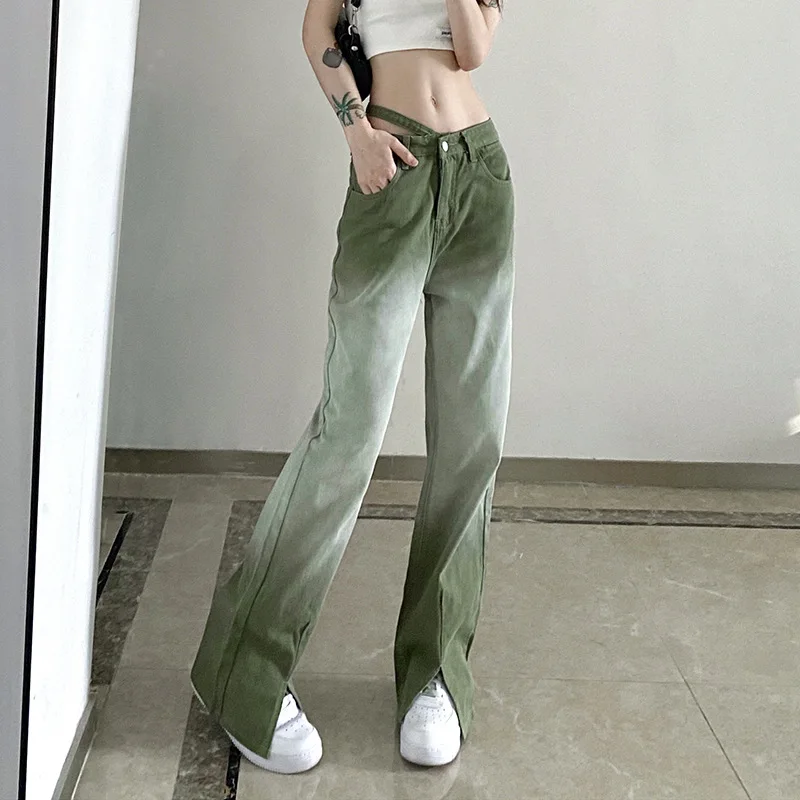 European 2021 and American Fashion Personality Asymmetrical Belt Tie-dye Gradient Color Straight Casual Denim Trousers Women