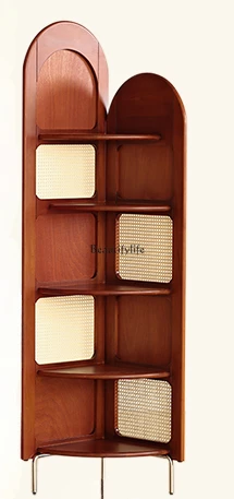 

Solid Wood Living Room Corner Shelf Vintage Rattan Bedroom Corner Cabinet