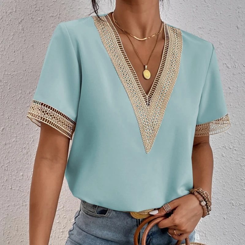 Summer Elegant Short Sleeve Lace Chiffon Blouse V Neck Office Lady 2025 Loose Woman Shirts Casual Tops Hollow Out Clothes 25125