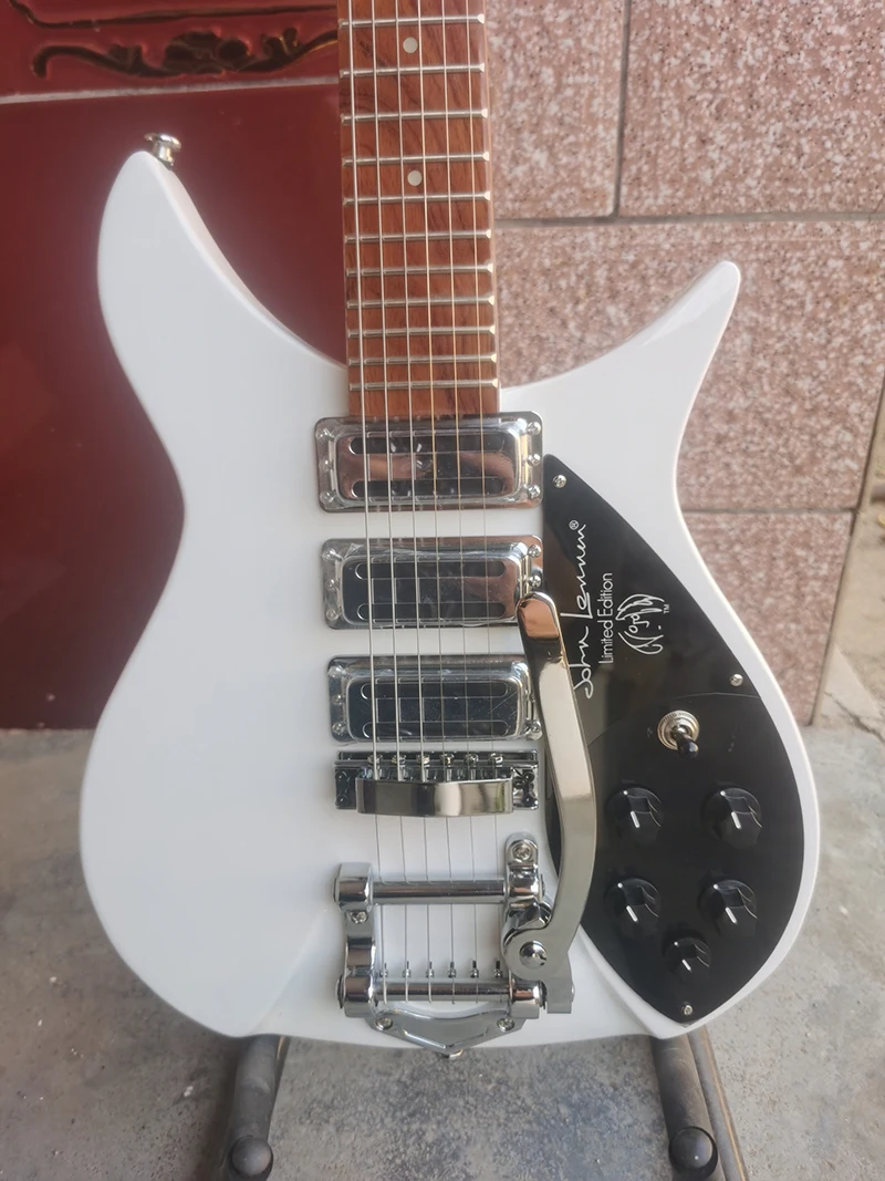 

Высококачественная электрогитара Rick enbacker 325, мост системы vibrato, пикап из трех частей, белая гитара, искусственная кожа