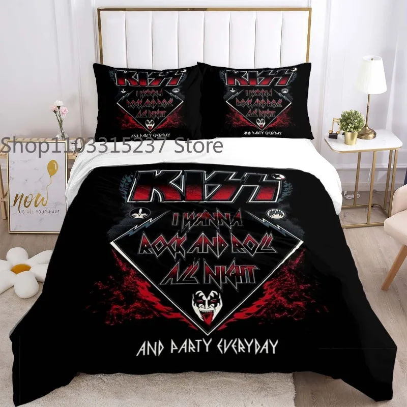 

Комплект постельного белья с принтом Kiss Band, Комплект постельного белья, двойная, королева, король, Размер 2/3 шт., рок-ролл, музыка