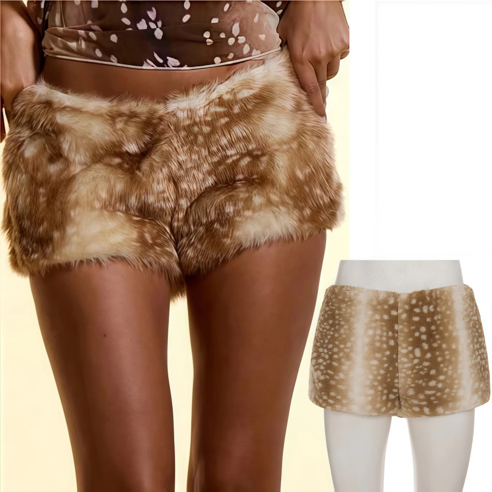 FAGADOER Vintage Sexy Fur Patchwork Bodycon Shorts Women Y2K Streetwear Deer Pattern Shorts Female Streetwear Bottoms 2025 New