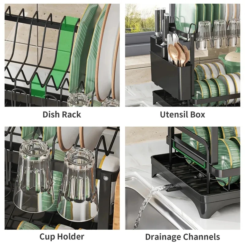 Sleek Black 2-Tier Kitchen Dish Drying Rack with Rotatable Spout and Utensil Holder