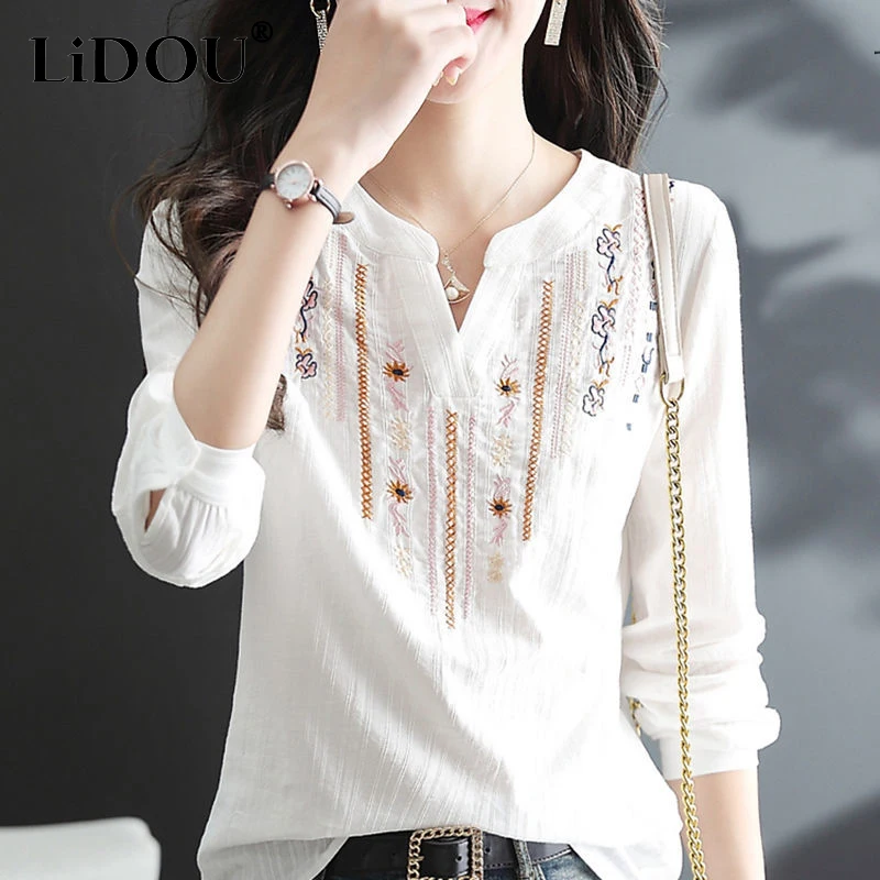 

Spring Autumn 100% Cotton White Embroidery Casual Fashion Blouse Female Long Sleeve Comfortable Loose Pullover Shirt Top Women