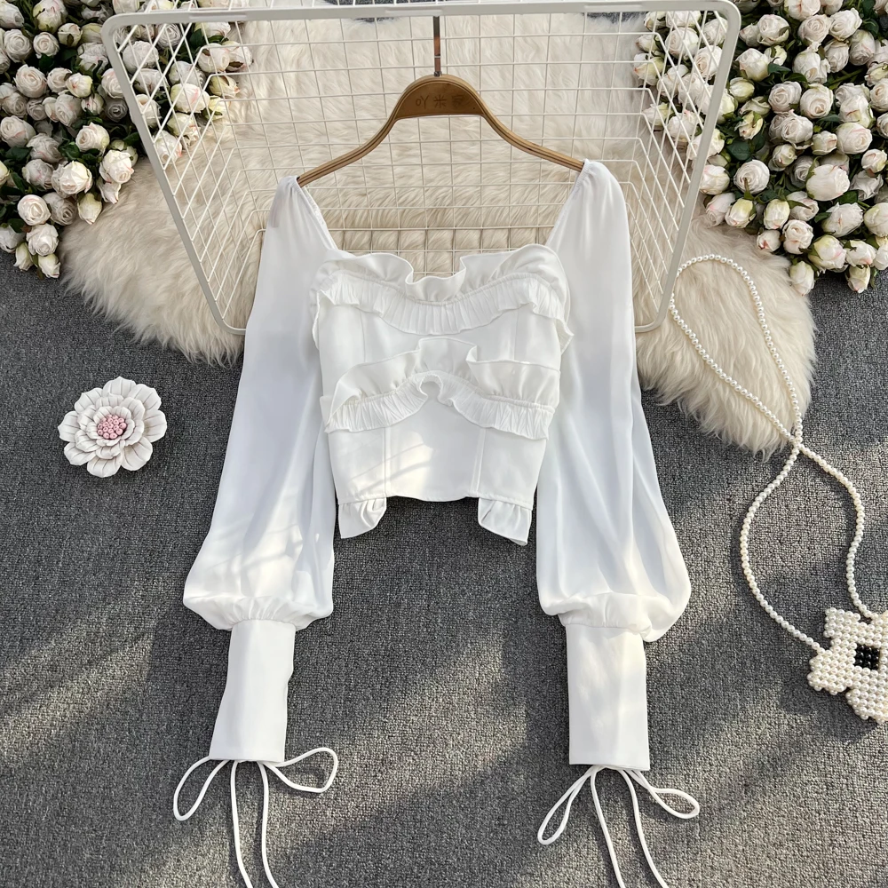 

Autumn Chic French Square Neck Lantern Sleeve Ruffled Western Style Small Short Top