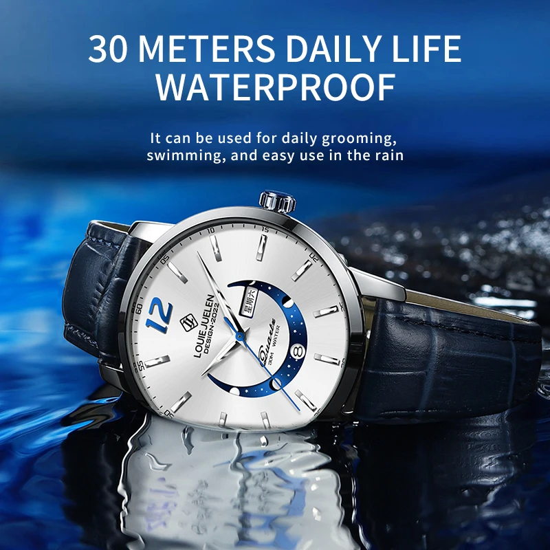 LOUIEJUELEN 2024 New Mens Watches Top Brand Luxury Leather Casual Quartz Watch Luminous calendar moon phases Waterproof Clock
