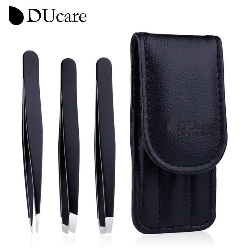 DUcare professional tweezers for eyebrows lash twizzer Stainless Steel Eyelash Extension Classic Slant 3pc Hair removal tweezers