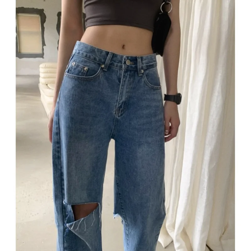 2023 New Summer Women High Waist Straight Jeans Street Style Casual Ripped Hole Jeans Female Blue Washed Loose Pop Denim Pants