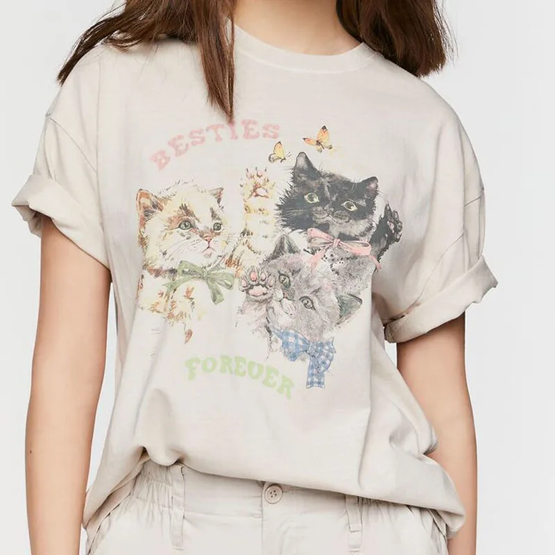 Niedliche Kätzchen T-Shirts Vintage ästhetische Baumwolle tore T-Shirts Retro Boho Grafik T-Shirts Mode Tops Frauen Kleidung Katze Liebhaber Geschenk